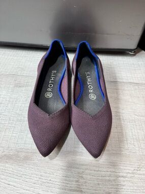 Rothy’s Pointed Ballet Flats in Plum with Blue Trim